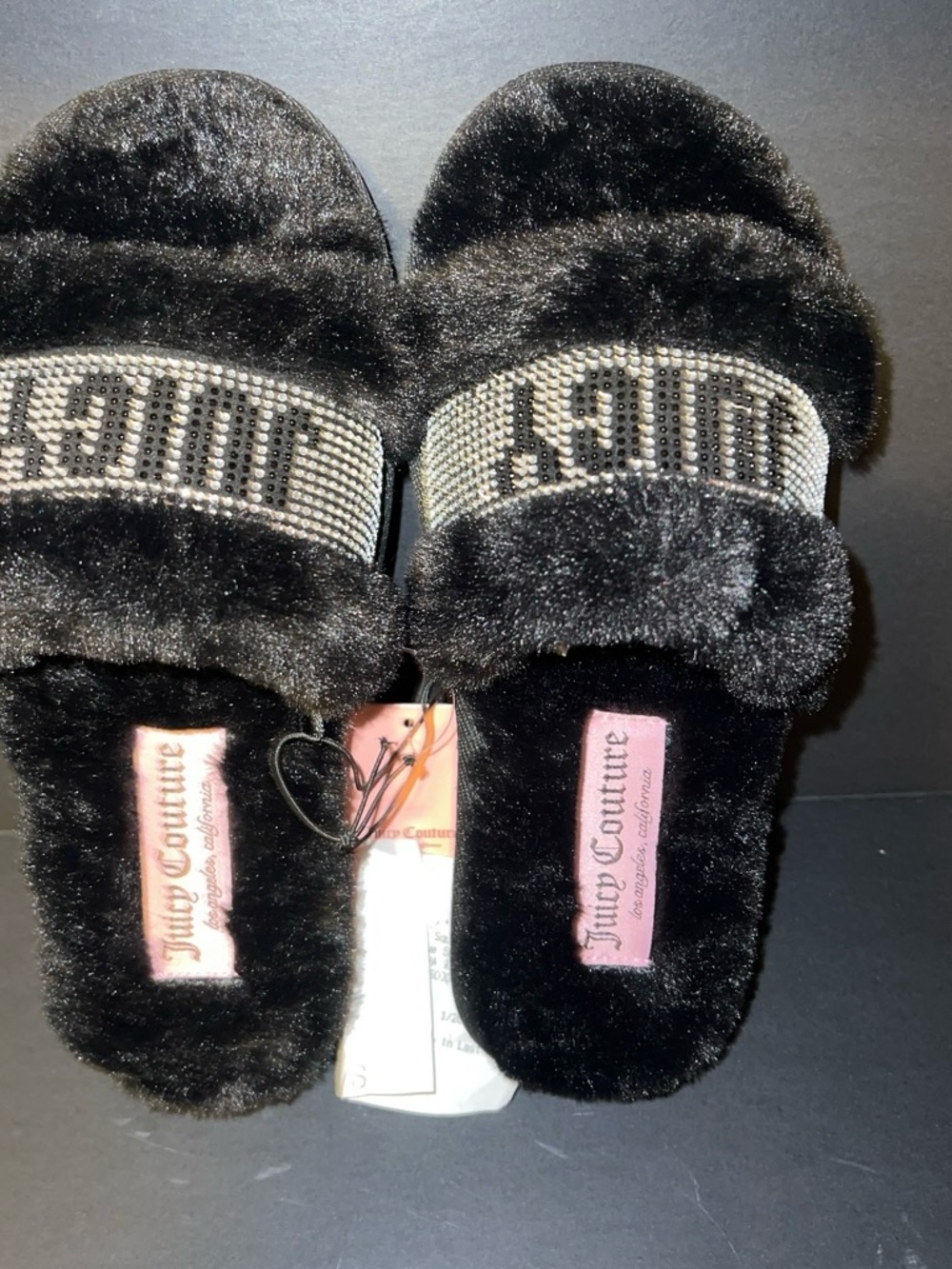 Juicy Couture Black Faux-Fur Slide Slippers with Rhinestone Logo Band